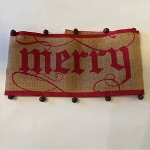 Mud Pie Burlap Red and Tan Merry Holiday Banner for Pillow w Bells
